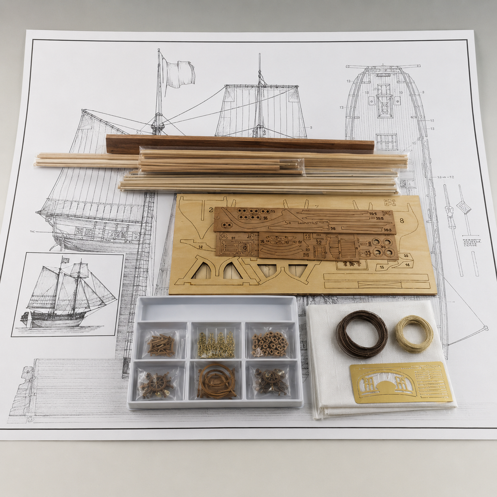 Kit di modellismo navale in legno Nave pirata d'avventura – scala 1:60, goletta a due alberi