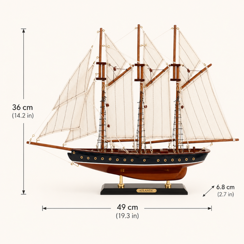 Atlantic wooden ship model size chart showing dimensions 49 cm length by 6.8 cm width by 36 cm height (19.3 x 2.7 x 14.2 inches), handcrafted three-mast sailboat on black display stand
