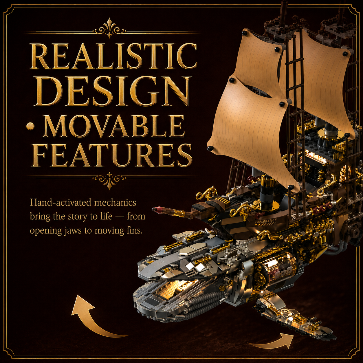 Toy model of a ship with movable features on a dark background