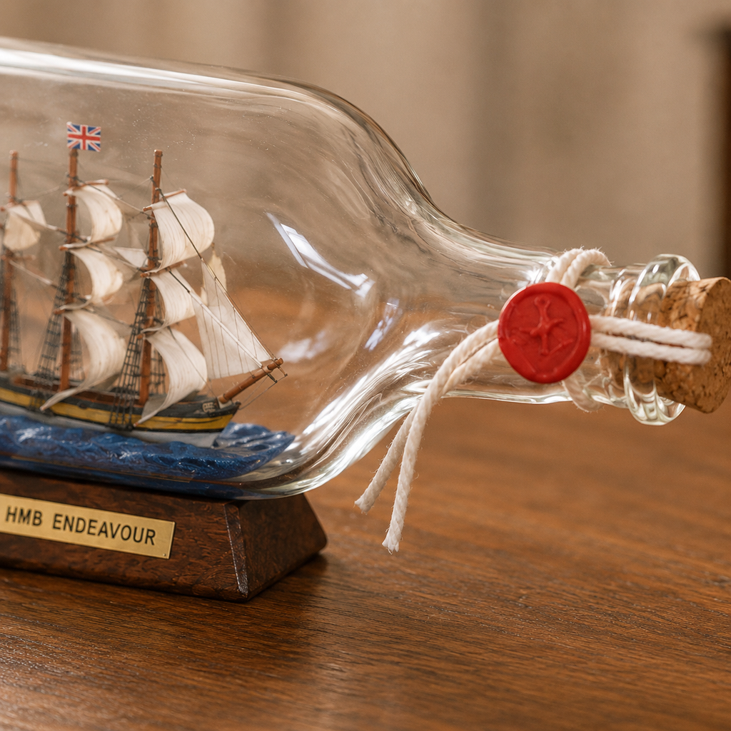 HMB Endeavour Ship in a Bottle – Large Display 23 cm