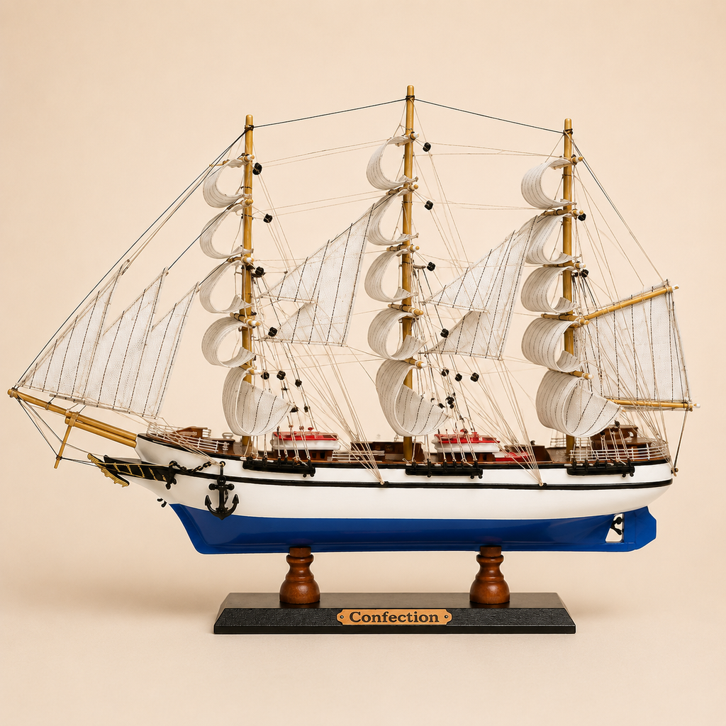Side view of the Italian Confection three-masted tall ship model featuring cream fabric sails, detailed rope rigging, white upper hull, blue lower hull, red deck cabins and black wooden base.