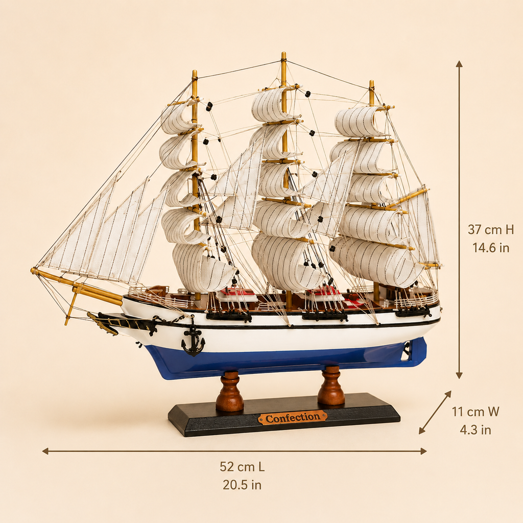 Italian Confection wooden tall ship model size chart showing dimensions of 52 cm long, 11 cm wide and 37 cm high, equivalent to 20.5 by 4.3 by 14.6 inches.