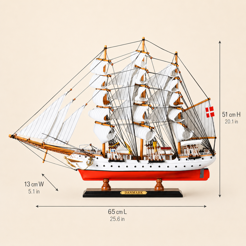 Danmark wooden tall ship model size chart showing dimensions of 65 cm long, 13 cm wide and 51 cm high, equivalent to 25.6 by 5.1 by 20.1 inches.