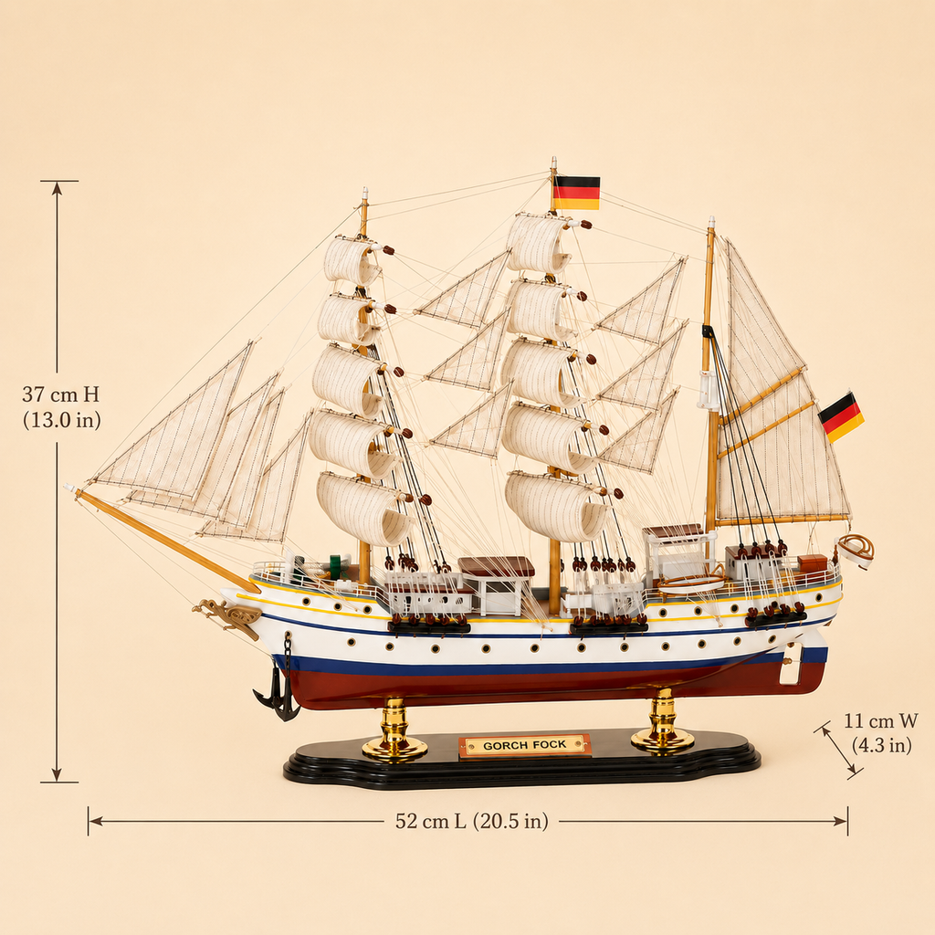 Gorch Fock wooden tall ship model size chart showing dimensions of 52 cm long, 11 cm wide and 37 cm high, equivalent to 20.5 by 4.3 by 13.0 inches.