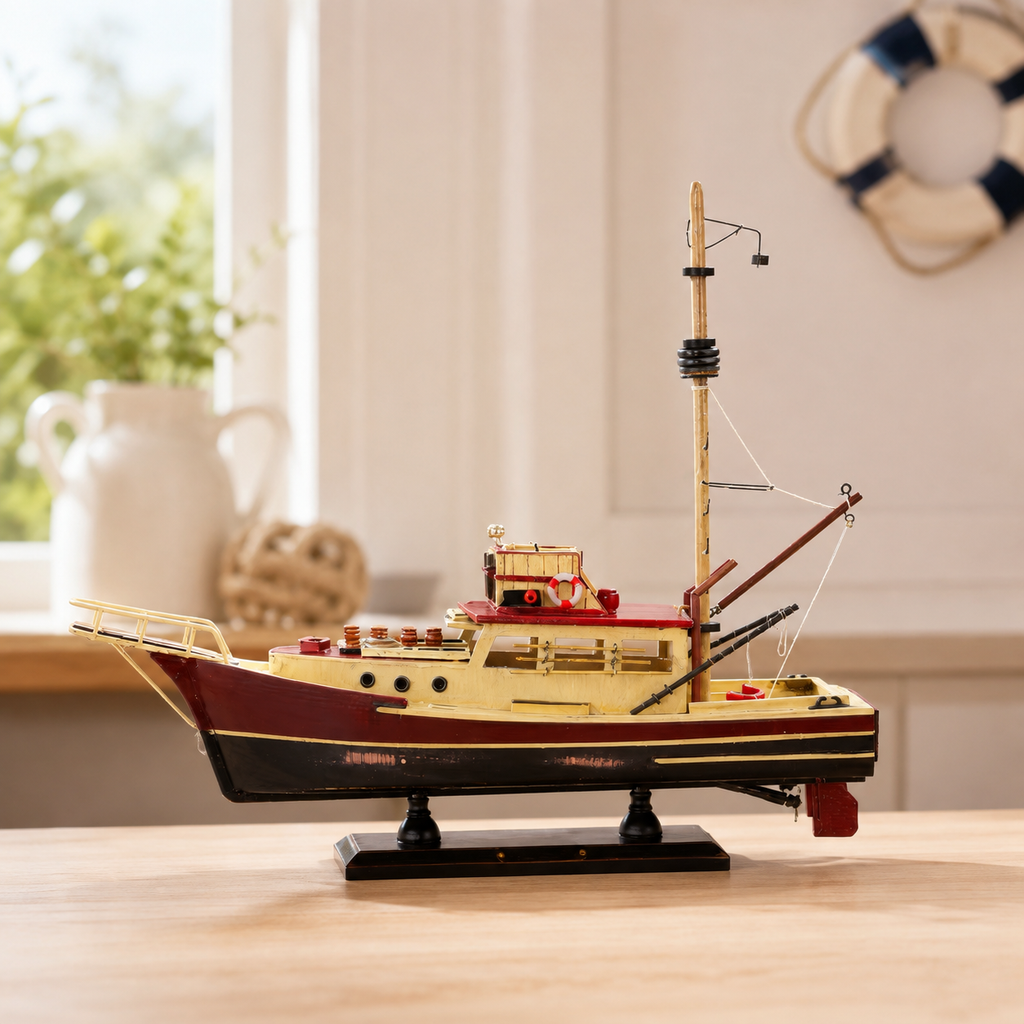 Vintage wooden fishing boat model displayed on a light wood table in a bright nautical interior, featuring a cream and red cabin, black hull, tall mast, working crane, lifebuoy and black display base.