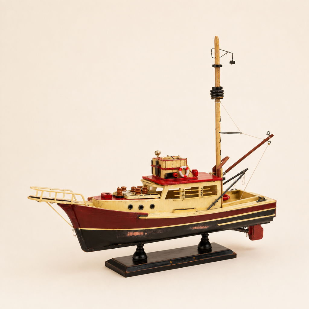 Rear 45-degree view of the wooden fishing boat model showing the stern, open rear deck, red rudder, crane equipment, mast, cabin details and weathered handcrafted hull finish.