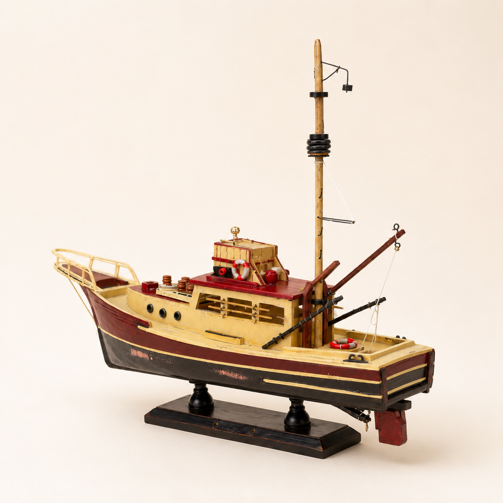 Side view of a vintage wooden fishing vessel model featuring a cream and burgundy cabin, black lower hull, tall wooden mast, deck equipment, crane arms, rudder and black presentation base.