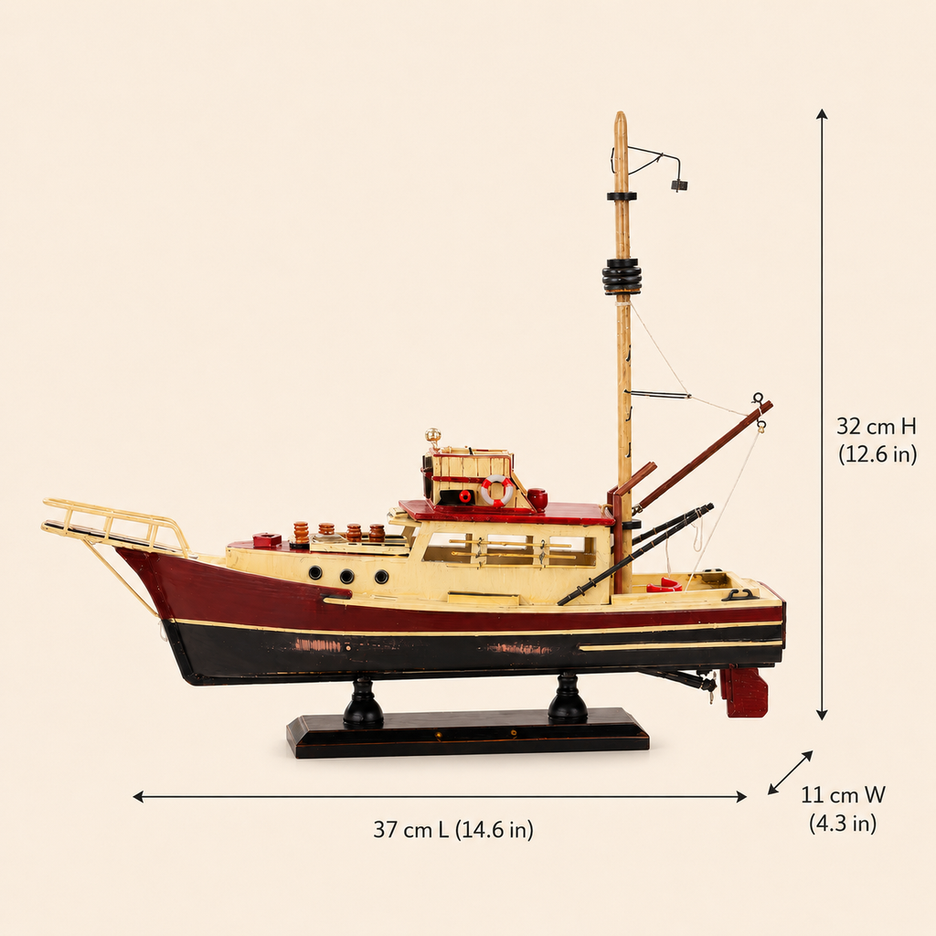 Vintage wooden fishing boat model size chart showing dimensions of 37 cm long, 11 cm wide and 32 cm high, equivalent to 14.6 by 4.3 by 12.6 inches.