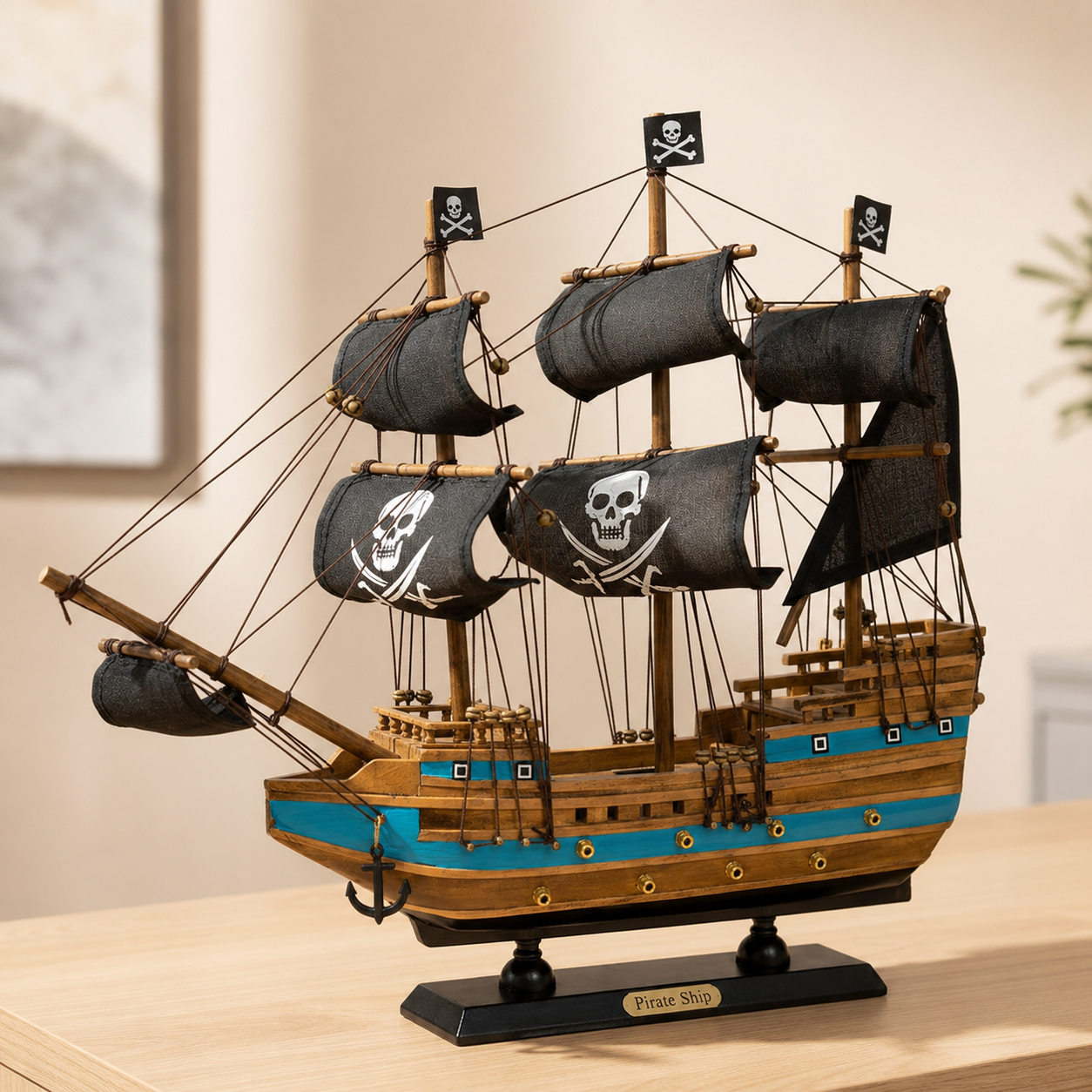 Wooden pirate ship model displayed on a light wood table, featuring black fabric sails, skull-and-crossbones flags, detailed rigging, blue hull accents and a black display base.