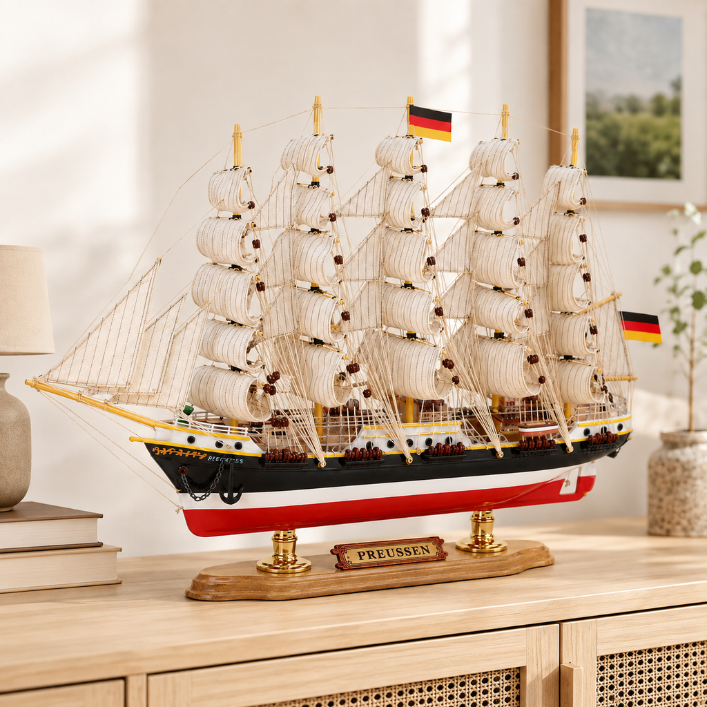Preussen five-masted wooden tall ship model displayed on a light wood cabinet in a bright modern interior, featuring cream fabric sails, detailed rigging, German flags, black white and red hull, gold supports and a polished wooden display base.