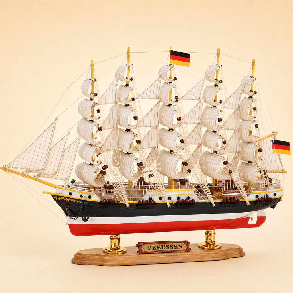 Side view of the Preussen five-masted tall ship model featuring multiple cream fabric sails, dense handcrafted rigging, black and white hull, red lower hull, deck structures and a wooden base with gold supports.