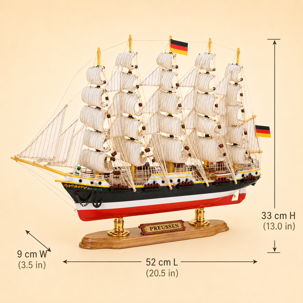 Preussen five-masted wooden tall ship model size chart showing dimensions of 52 cm long, 9 cm wide and 33 cm high, equivalent to 20.5 by 3.5 by 13.0 inches.