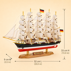 Preussen five-masted wooden tall ship model size chart showing dimensions of 52 cm long, 9 cm wide and 33 cm high, equivalent to 20.5 by 3.5 by 13.0 inches.