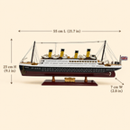 RMS Titanic model ship size chart showing dimensions of 55 cm long, 7 cm wide and 23 cm high, equivalent to 21.7 by 2.8 by 9.1 inches.