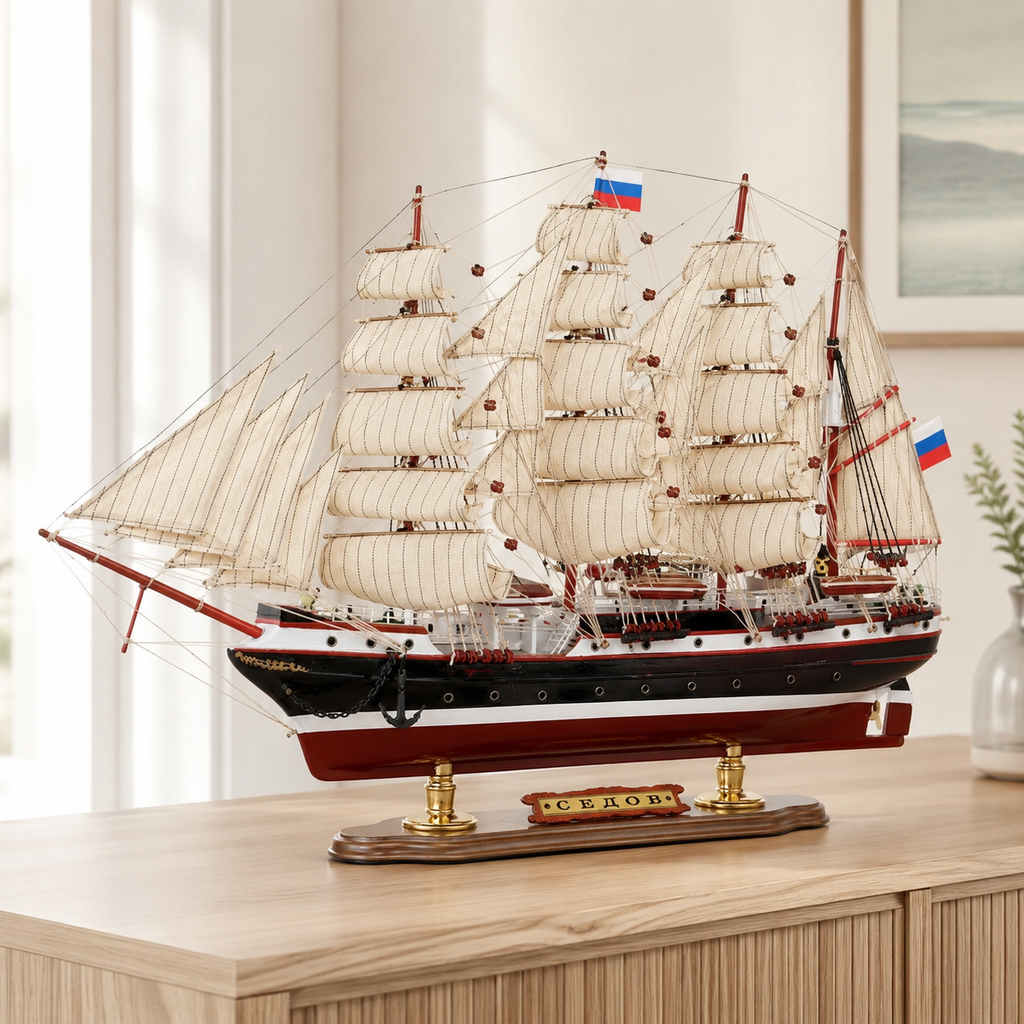 Sedov wooden tall ship model displayed on a light wood cabinet in a bright modern interior, featuring cream fabric sails, Russian flags, detailed rigging, black white and red hull, gold supports and a polished wooden display base.