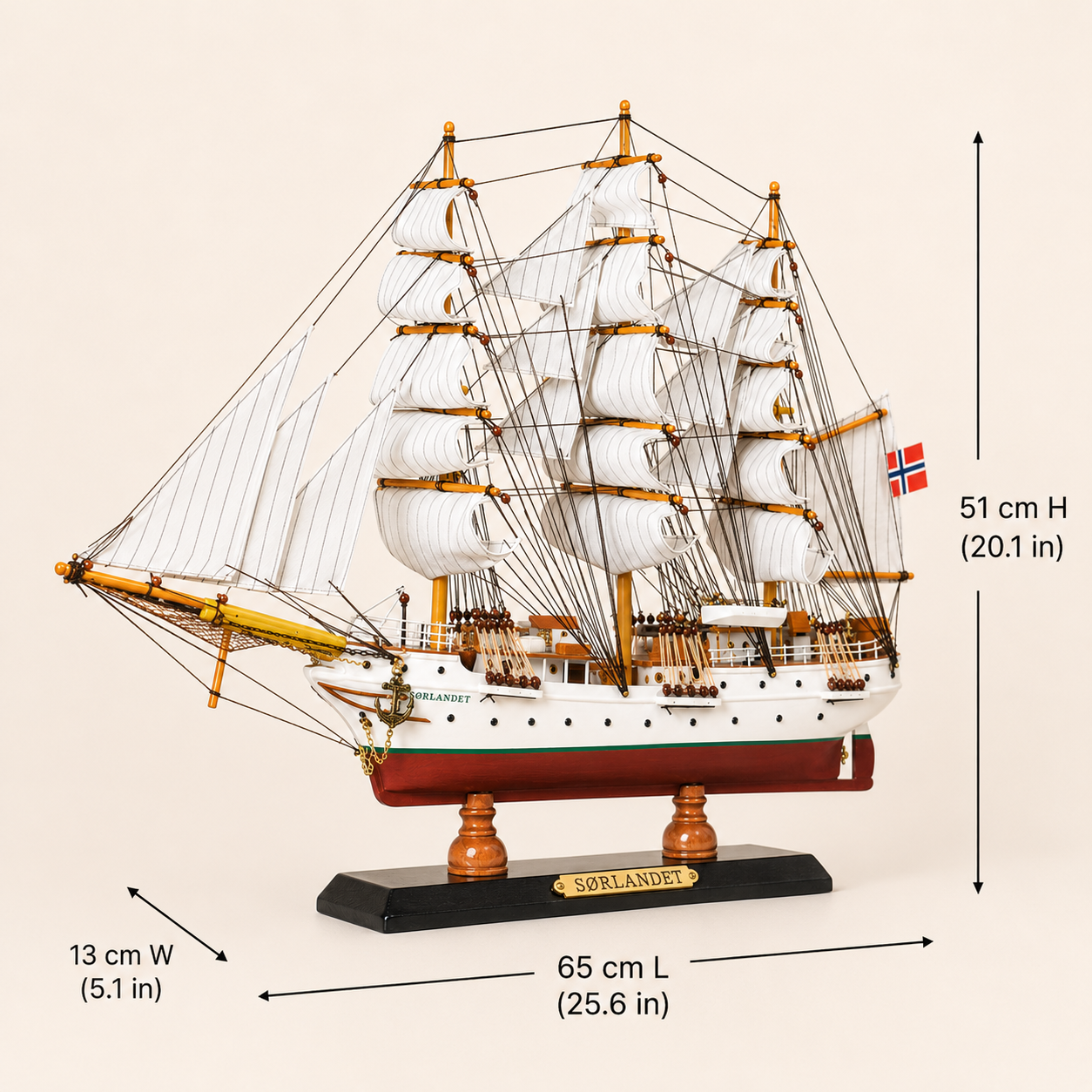 Sørlandet wooden tall ship model size chart showing dimensions of 65 cm long, 13 cm wide and 51 cm high, equivalent to 25.6 by 5.1 by 20.1 inches.