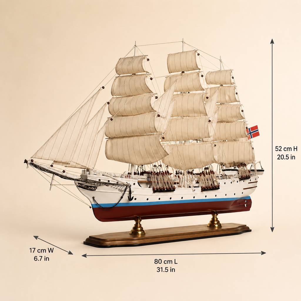 Large Norwegian tall ship model size chart showing dimensions of 80 cm long, 17 cm wide and 52 cm high, equivalent to 31.5 by 6.7 by 20.5 inches.