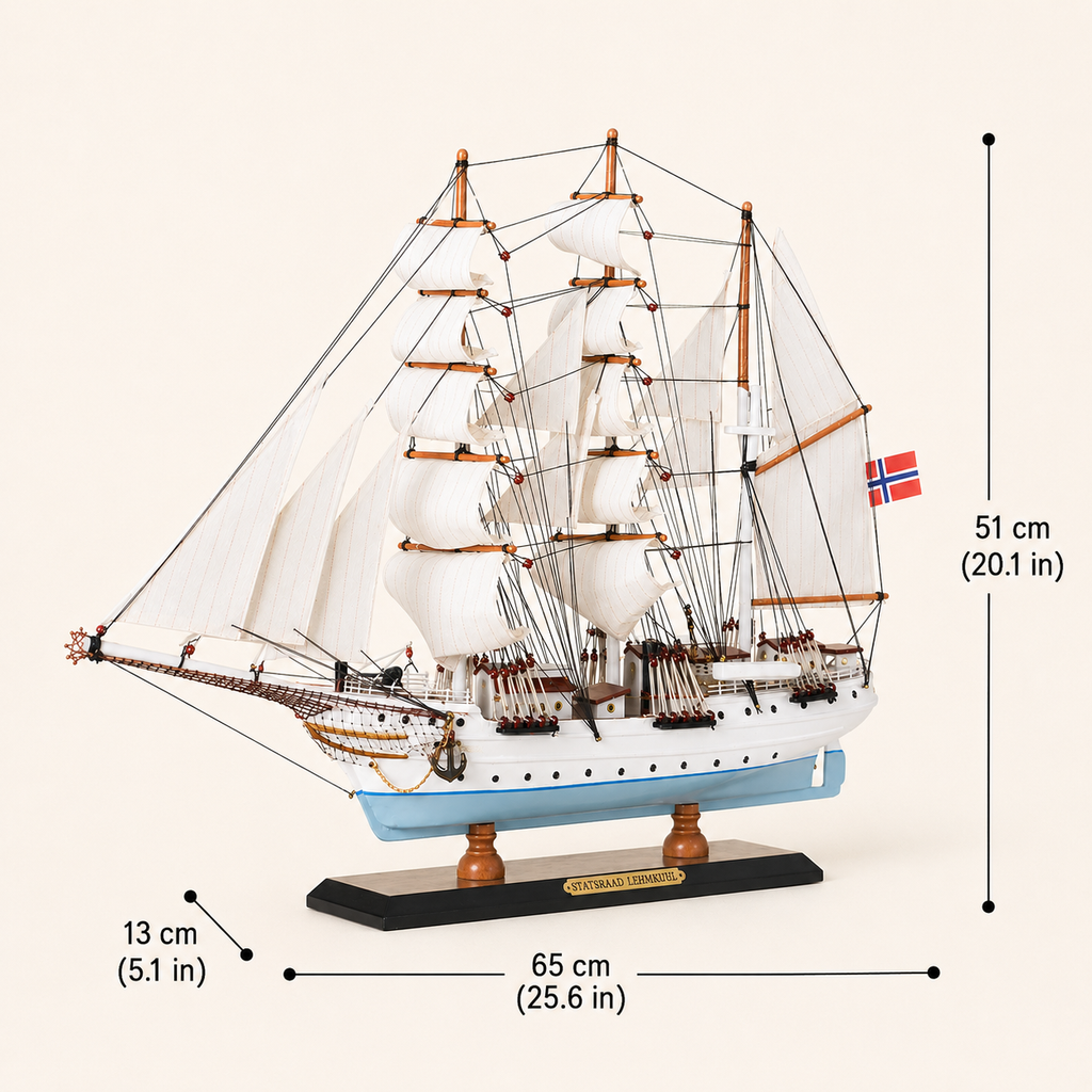 Statsraad Lehmkuhl wooden tall ship model size chart showing dimensions of 65 cm long, 13 cm wide and 51 cm high, with white sails, light blue hull and Norwegian flag.