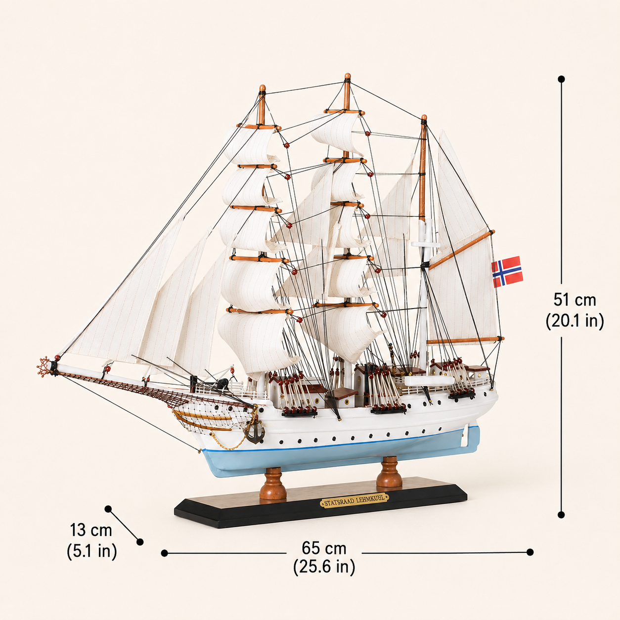 Statsraad Lehmkuhl wooden tall ship model size chart showing dimensions of 65 cm long, 13 cm wide and 51 cm high, with white sails, light blue hull and Norwegian flag.