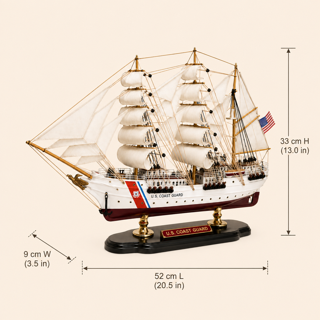 U.S. Coast Guard wooden tall ship model size chart showing dimensions of 52 cm long, 9 cm wide and 33 cm high, equivalent to 20.5 by 3.5 by 13.0 inches.