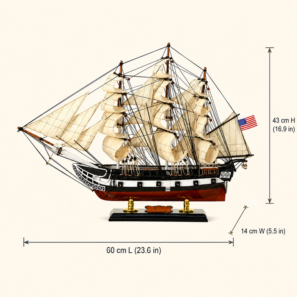 American wooden tall ship model size chart showing dimensions of 60 cm long, 14 cm wide and 43 cm high, equivalent to 23.6 by 5.5 by 16.9 inches.