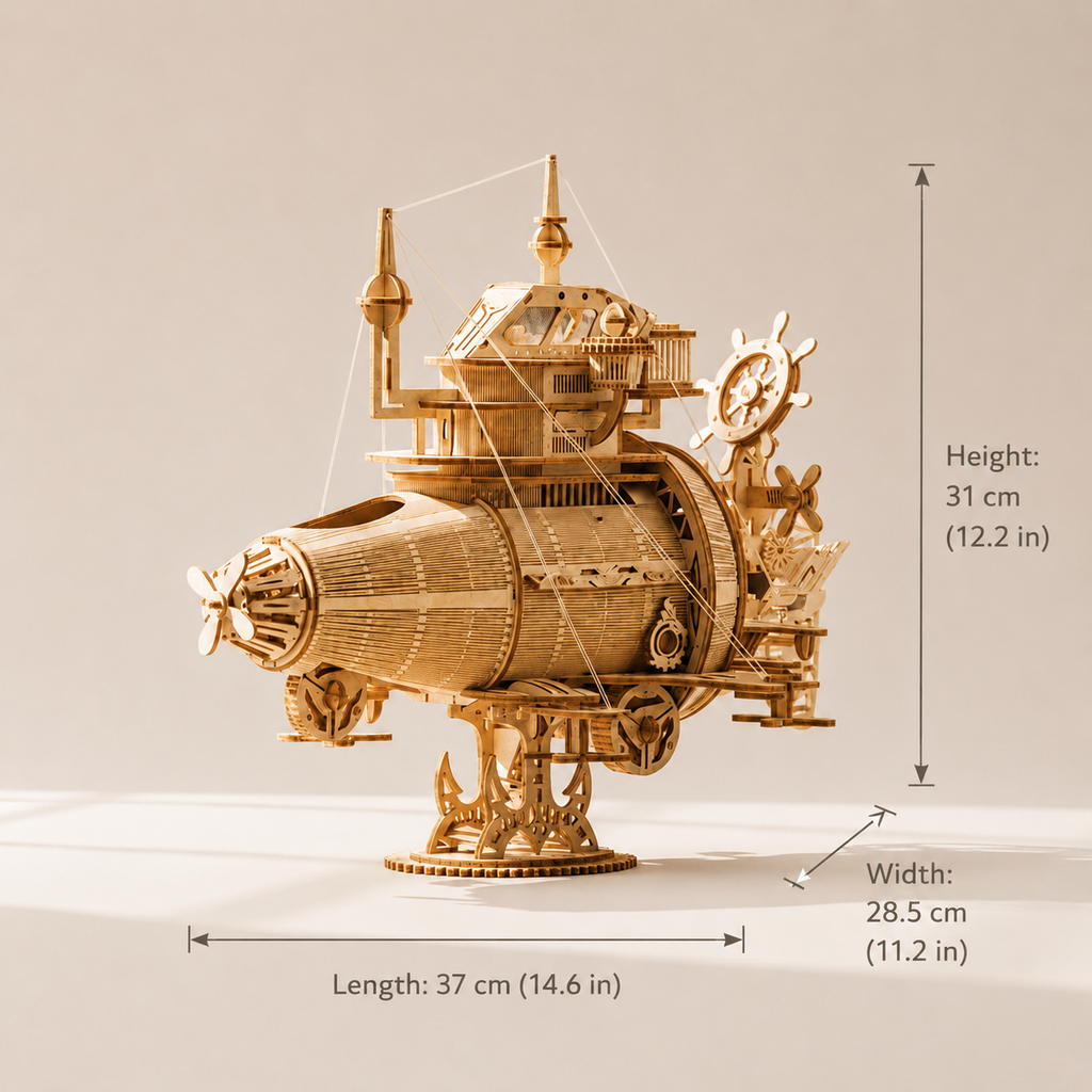 Steampunk Fantasy Submarine Wooden Model Kit dimensions – 37 × 28.5 × 31 cm (14.6 × 11.2 × 12.2 in)