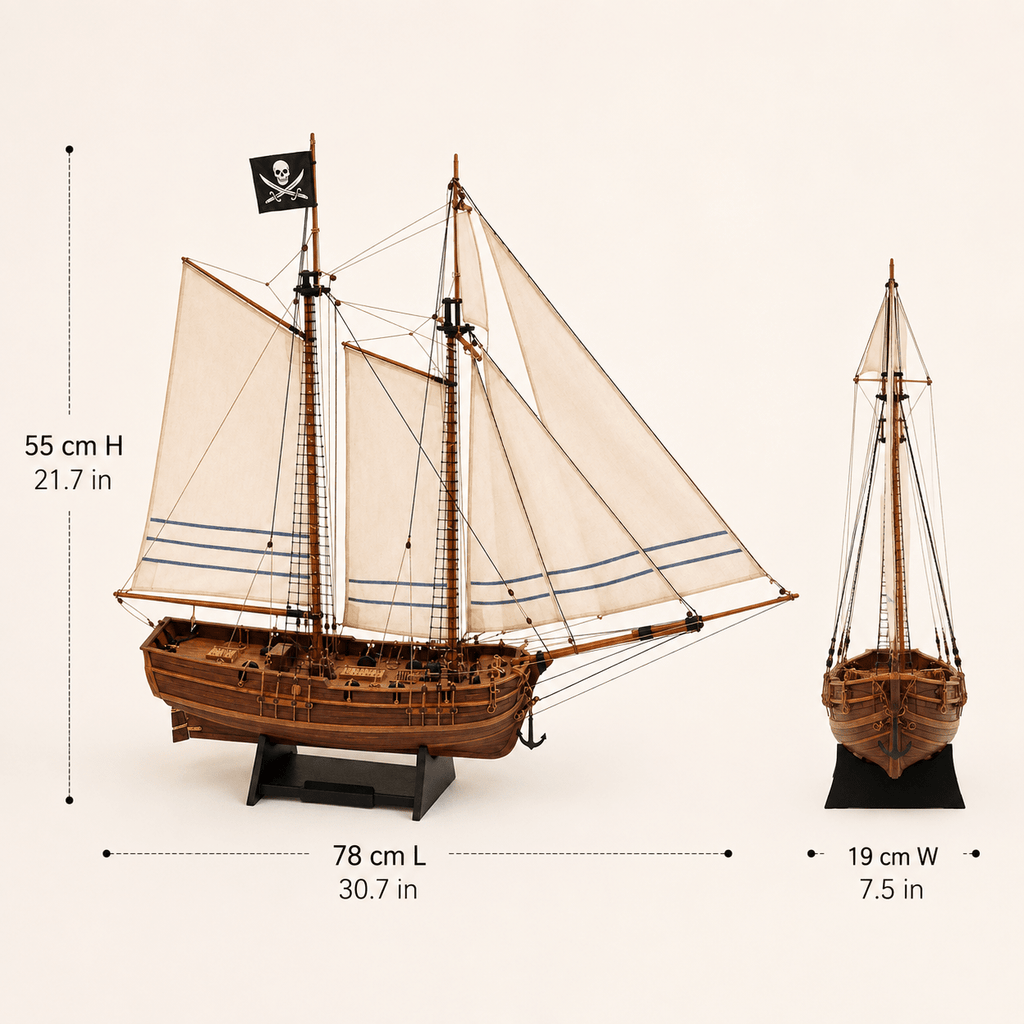 Adventure Pirate Ship Wooden Model Kit – 1:60 Scale Two-Masted Schooner - Ocean Relic Studio