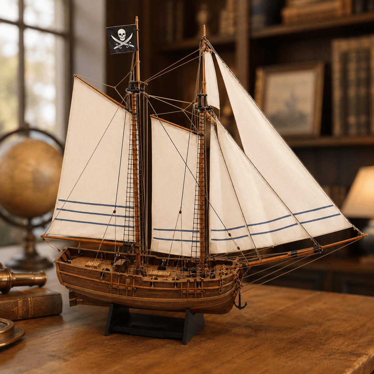 Adventure Pirate Ship Wooden Model Kit – 1:60 Scale Two-Masted Schooner - Ocean Relic Studio- Handcrafted Wooden Ship Model