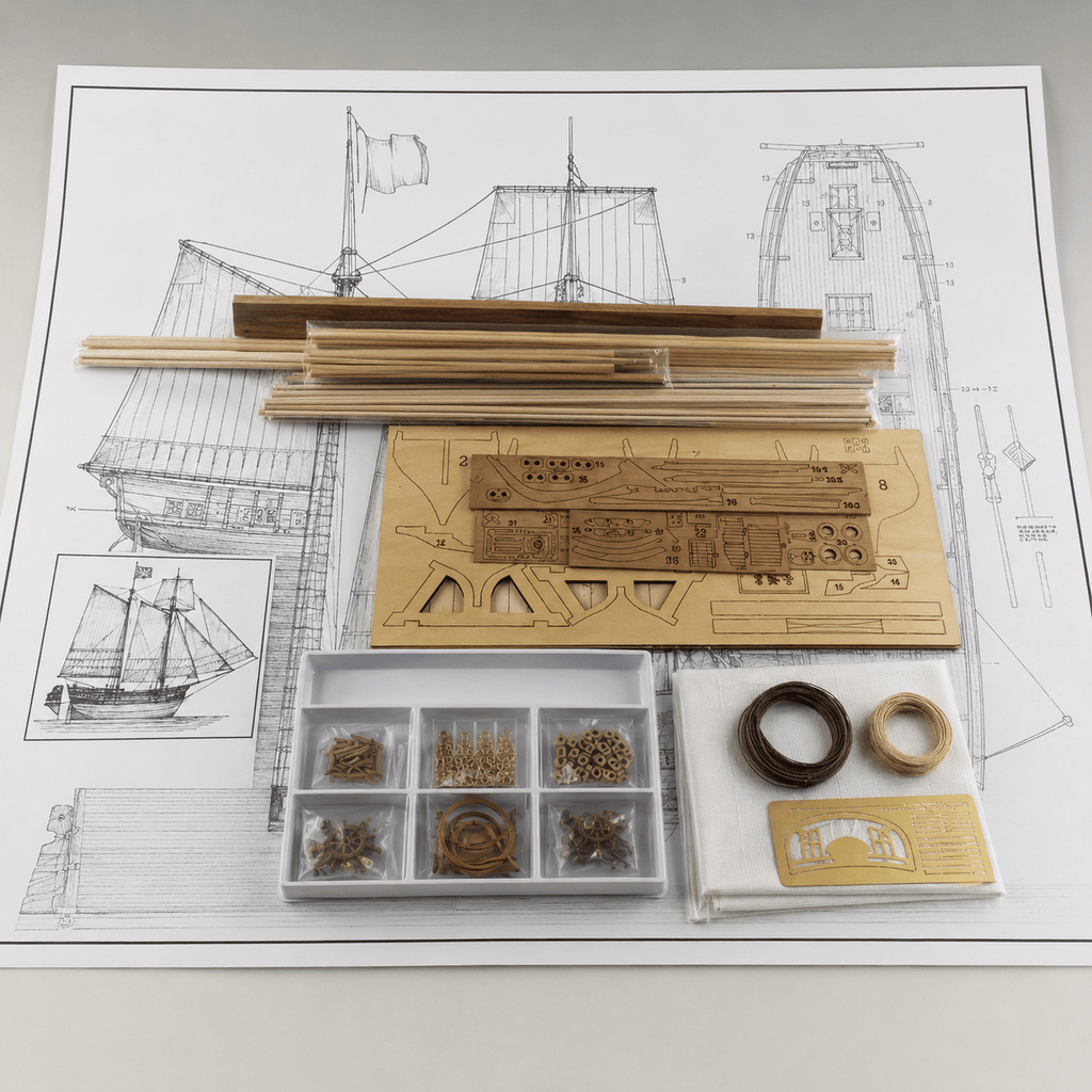 Adventure Pirate Ship Wooden Model Kit – 1:60 Scale Two-Masted Schooner - Ocean Relic Studio