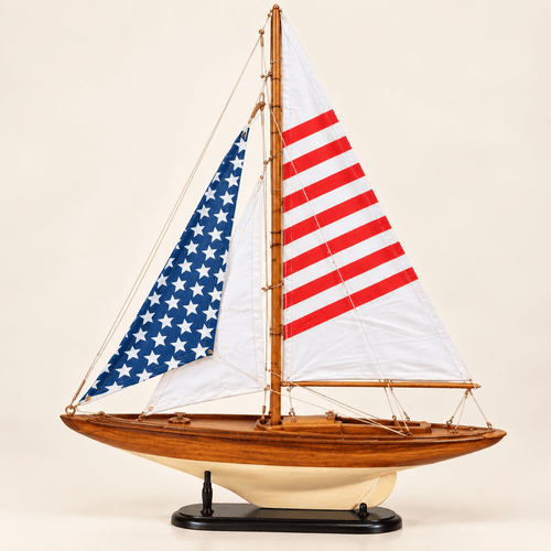 American Flag Sailboat Wooden Ship Model – Classic 42 cm - Ocean Relic Studio