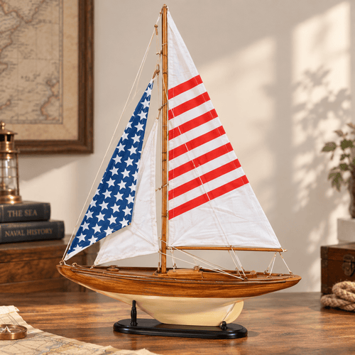 American Flag Sailboat Wooden Ship Model – Classic 42 cm - Ocean Relic Studio