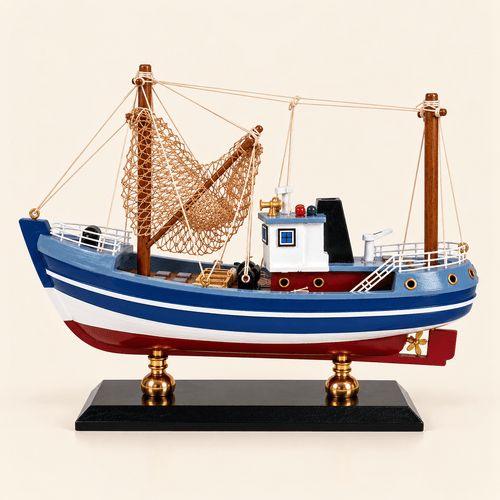 American Shrimp Boat Wooden Ship Model – Handcrafted Coastal Fishing Vessel (Blue Net) - Ocean Relic Studio
