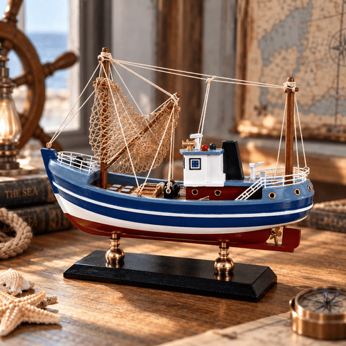 American Shrimp Boat Wooden Ship Model – Handcrafted Coastal Fishing Vessel (Blue Net) - Ocean Relic Studio