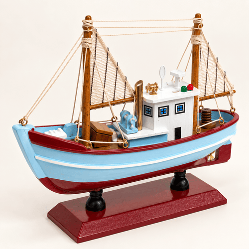 American Shrimp Boat Wooden Ship Model – Handcrafted Coastal Fishing Vessel (Blue) - Ocean Relic Studio
