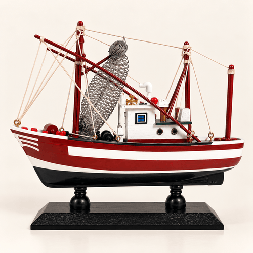 American Shrimp Boat Wooden Ship Model – Handcrafted Coastal Fishing Vessel (Crimson) - Ocean Relic Studio
