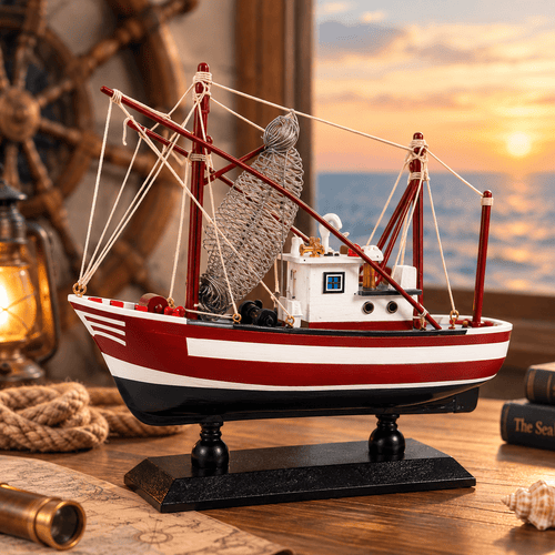 American Shrimp Boat Wooden Ship Model – Handcrafted Coastal Fishing Vessel (Crimson) - Ocean Relic Studio