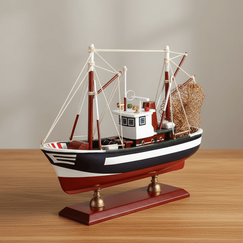 American Shrimp Boat Wooden Ship Model – Handcrafted Coastal Fishing Vessel - Ocean Relic Studio