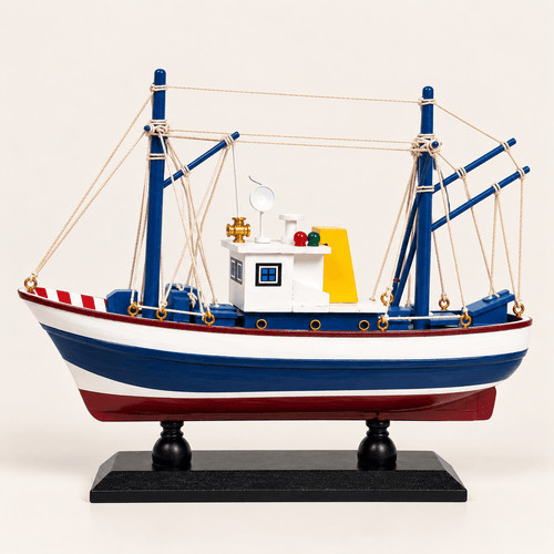 American Shrimp Boat Wooden Ship Model – Handcrafted Coastal Fishing Vessel (Navy) - Ocean Relic Studio