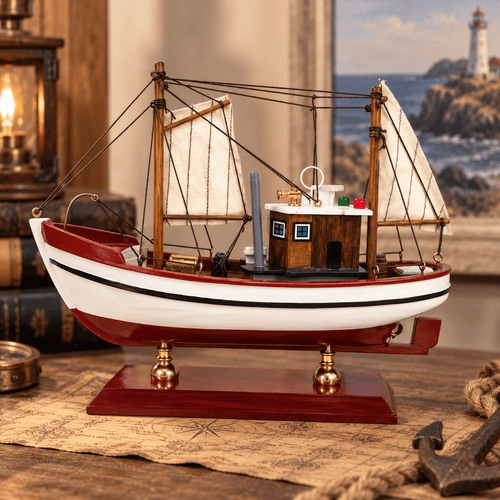 American Shrimp Boat Wooden Ship Model – Handcrafted Coastal Fishing Vessel (Sail) - Ocean Relic Studio