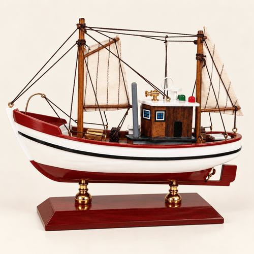American Shrimp Boat Wooden Ship Model – Handcrafted Coastal Fishing Vessel (Sail) - Ocean Relic Studio
