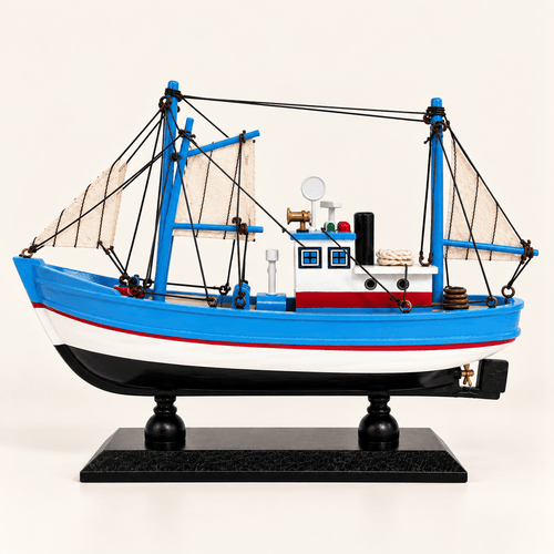 American Shrimp Boat Wooden Ship Model – Handcrafted Coastal Fishing Vessel (Sky Blue) - Ocean Relic Studio