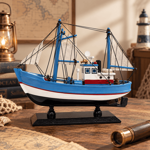 American Shrimp Boat Wooden Ship Model – Handcrafted Coastal Fishing Vessel (Sky Blue) - Ocean Relic Studio