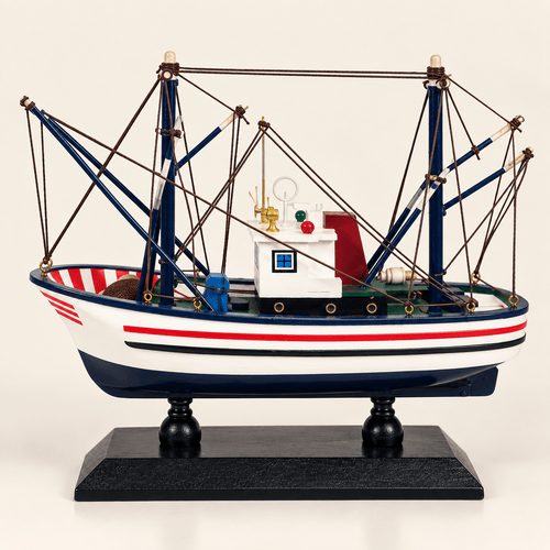 American Shrimp Boat Wooden Ship Model – Handcrafted Coastal Fishing Vessel (White) - Ocean Relic Studio