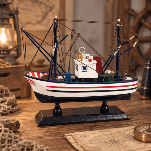 American Shrimp Boat Wooden Ship Model – Handcrafted Coastal Fishing Vessel (White) - Ocean Relic Studio