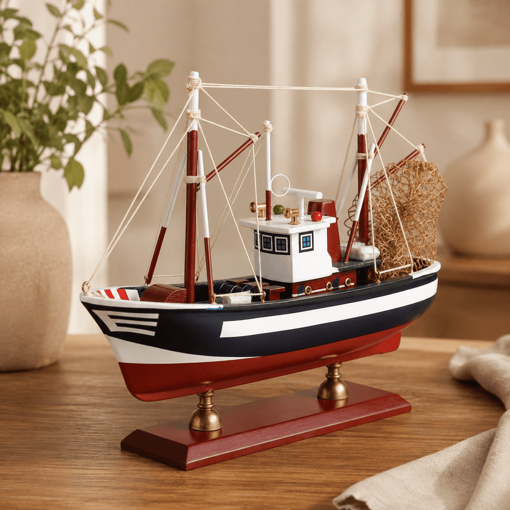 American Shrimp Boat Wooden Ship Model – Handcrafted Coastal Fishing Vessel - Ocean Relic Studio- Handcrafted Wooden Ship Model