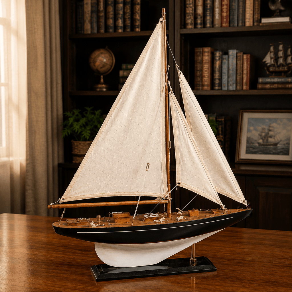 Modello di barca a vela americana a un albero esposto in un ambiente studio caldo, con vele bianche, scafo blu navy, ponte in teak e finiture in ottone