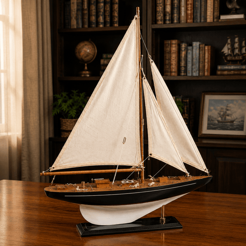 Modelo estadounidense de velero de madera de un mástil en un estudio de ambiente sobrio, vista frontal de tres cuartos, con velas blancas completas, casco azul marino oscuro y detalles de cubierta de madera artesanal; pieza náutica premium para decoración del hogar