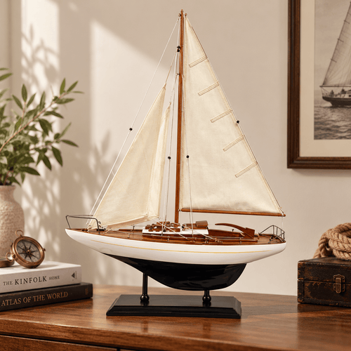 American Single-Mast Sailboat Model – Premium Handcrafted Wooden Sailing Yacht - Ocean Relic Studio