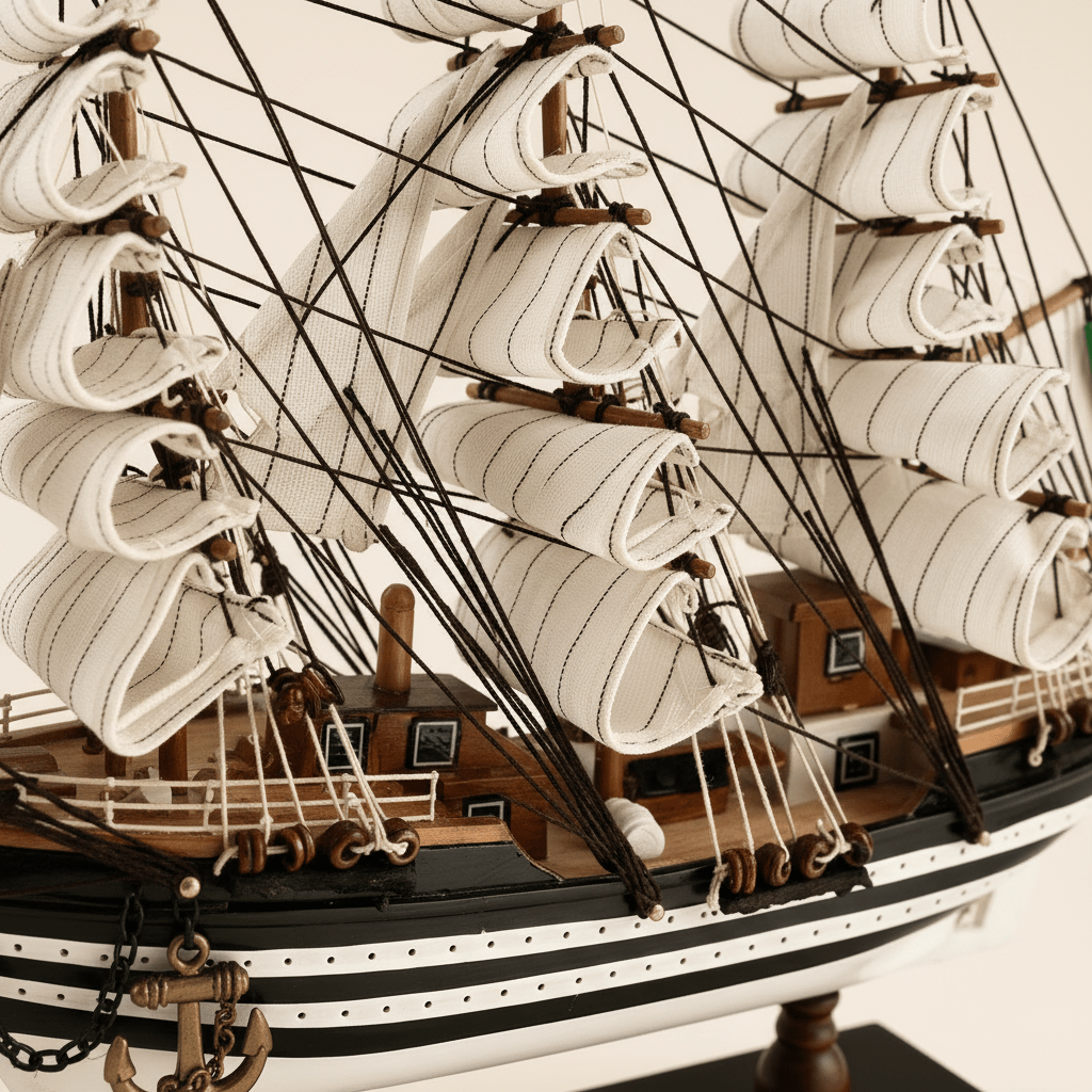 Primer plano del modelo de gran velero Amerigo Vespucci de la Marina italiana, mostrando nudos de densa jarcia negra, textura de velas blancas de aparejo cuadrado, vergas de madera, casco negro y blanco a rayas con puntos blancos y placa dorada AMERIGO VESPUCCI sobre base negra