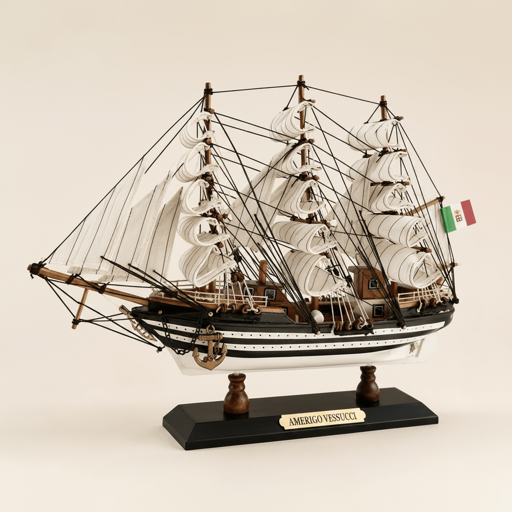Vista lateral del modelo de gran velero Amerigo Vespucci de la Marina italiana sobre fondo crema, con silueta completa de tres mástiles, velas blancas completas, densa jarcia negra, casco negro y blanco a rayas con puntos blancos, bandera de la Marina italiana, ancla en proa y base negra con placa dorada